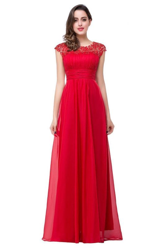 Long Chiffon Lace Open Back A-line Beaded Capped-Sleeves Party Dresses