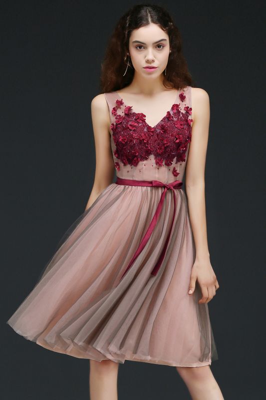A-line V-Neck Open-Back Burgundy-Flowers Sash Romantic Homecoming Dresses