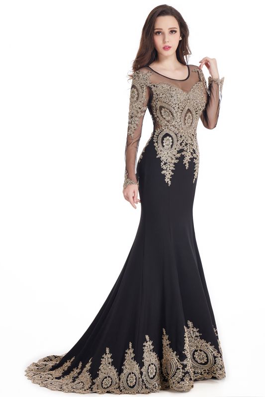 Elegant Lace Appliques Mermaid Prom Dresses | Sheer Neck Long Sleeves Evening Dresses BM0113