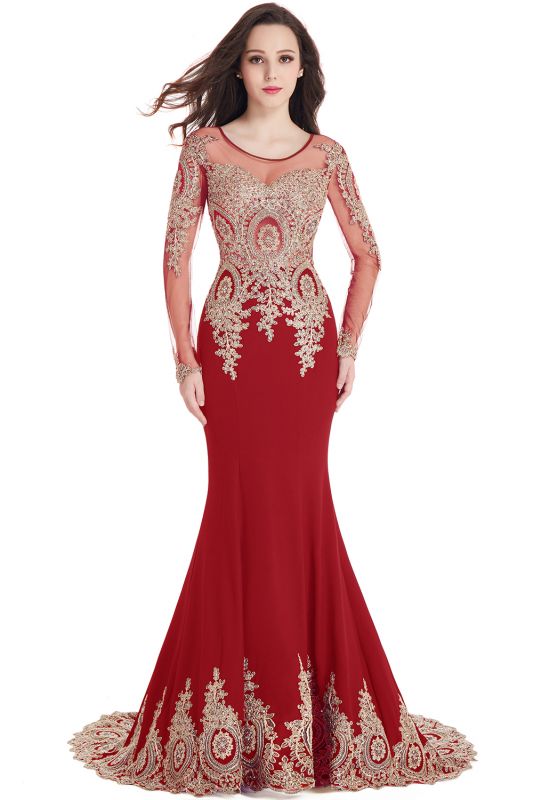 Elegant Lace Appliques Mermaid Prom Dresses | Sheer Neck Long Sleeves Evening Dresses BM0113