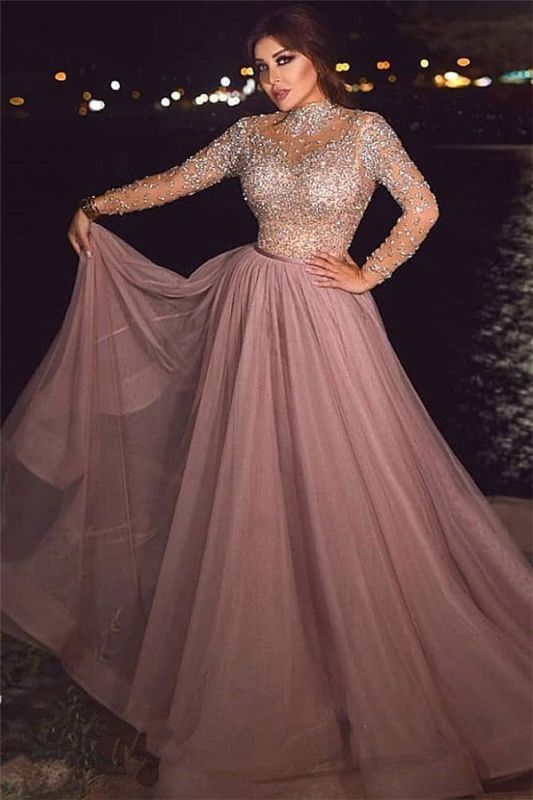 Crystal Beading Pink Long-sleeve A-line High-neck Prom Dress