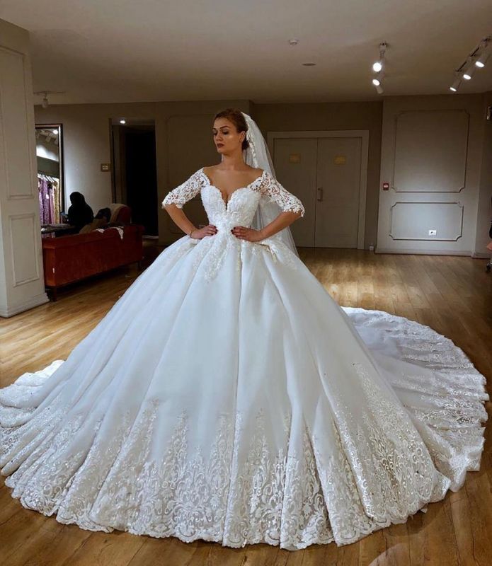 Princess Off The Shoulder Half Sleeve Applique Sequin Ball Gown Wedding Dresses