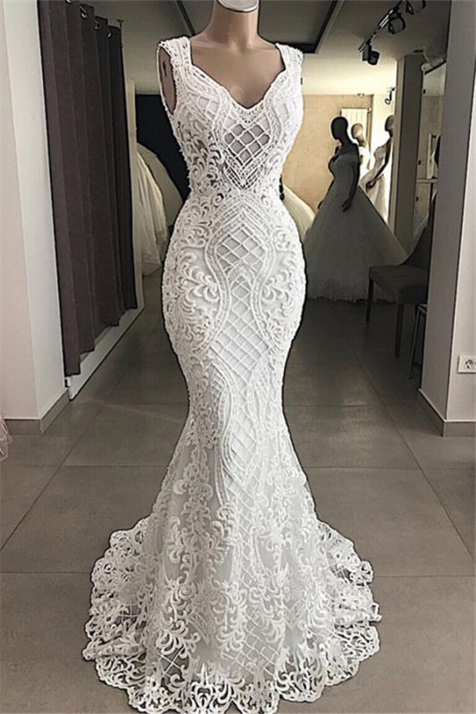 Attractive Lace Appliques Mermaid Sleeveless V-Neck Wedding Dresses