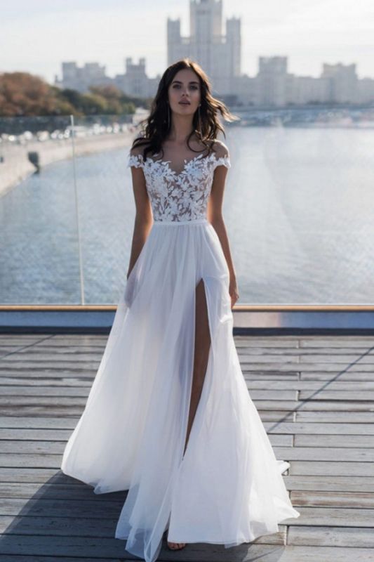 Simple Jewel Cap Sleeve Applique Front Slit Tulle A Line  Beach Wedding Dresses