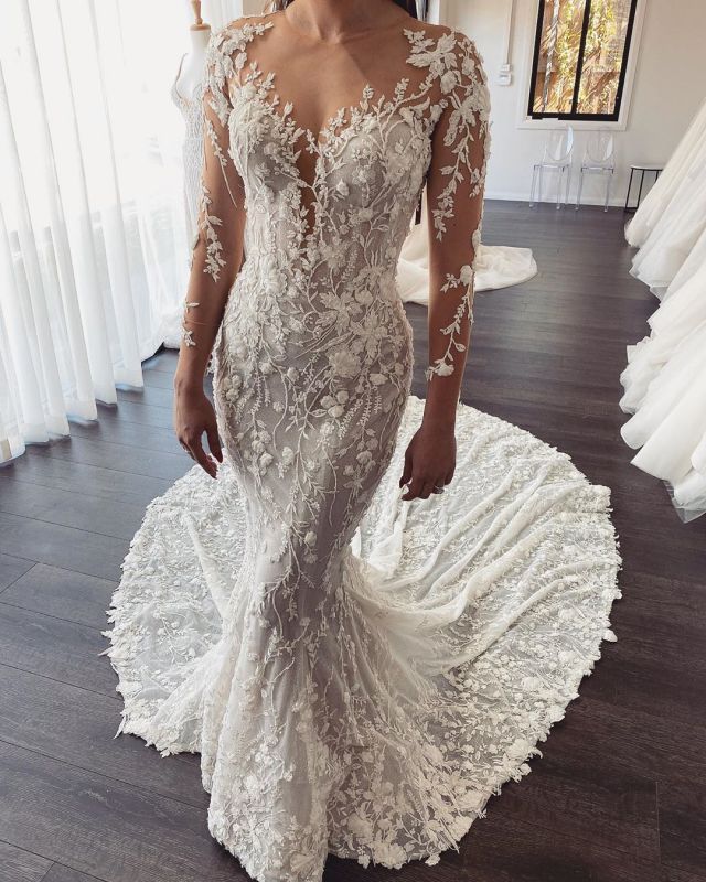 Elegant Jewel Long Sleeve Sheer Back Lace Floral Fitted Mermaid Wedding Dresses