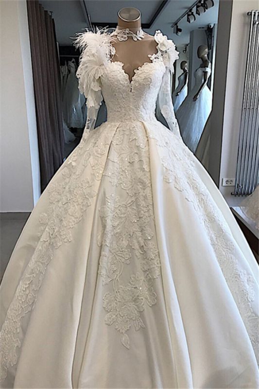 Flowers Feather High-Neck Brilliant Appliques Long-Sleeves Wedding Dresses