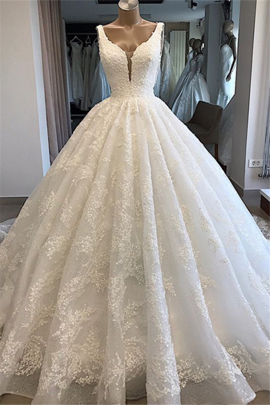 V-neck Appliques Ball-Gown Lace Glamorous Wedding Dresses