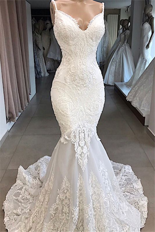 Beautiful Appliques Lace Mermaid Spaghetti-Straps Wedding Dresses
