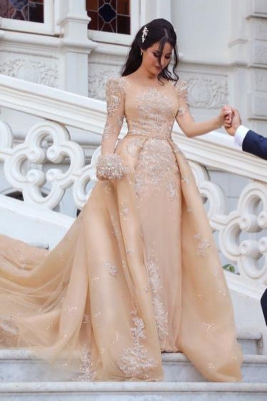 Luxury Champagne Jewel Long Sleeve Applique Detachable Train Wedding Dresses