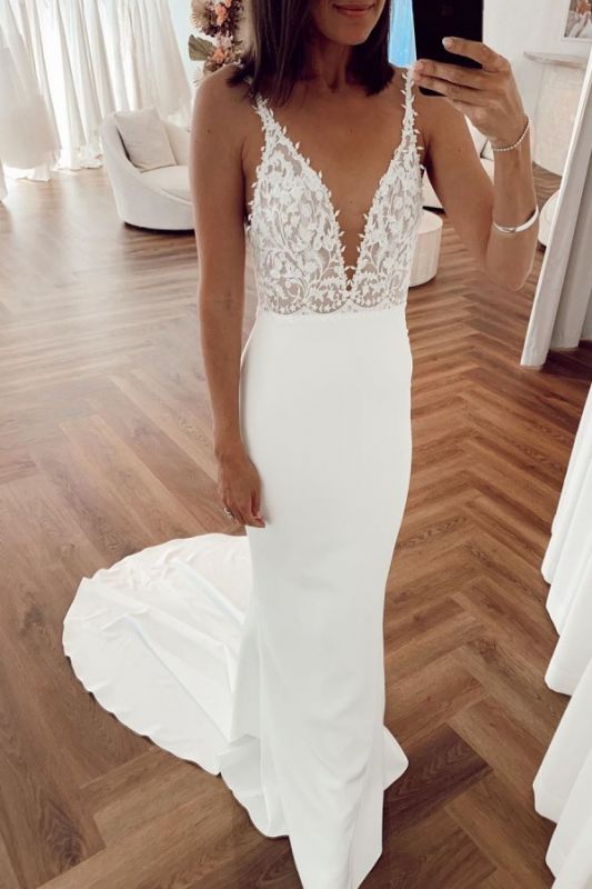 Sexy Spaghetti Strap Deep V Neck Applique Wedding Dresses | Long  Bridal Gown