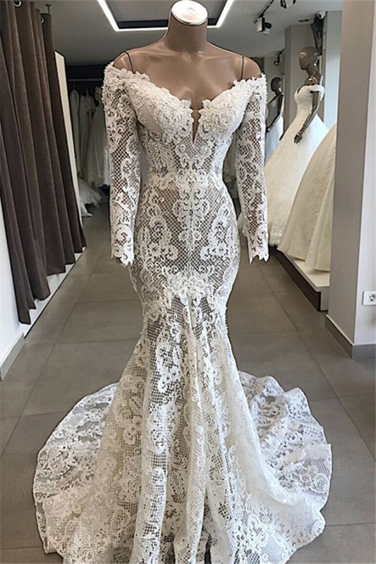 Long-Sleeves Off-the-shoulder White Elegant Mermaid Appliques Lace Wedding Dresses