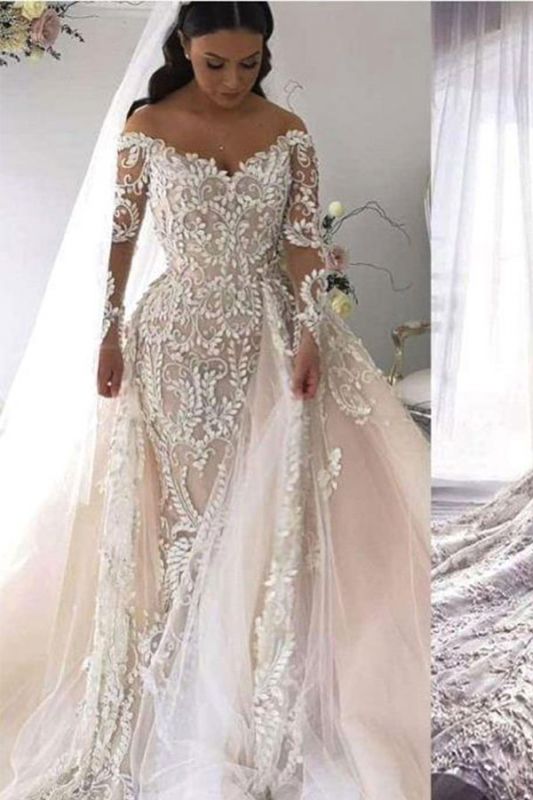 Lace V Neck Overskirt Mermaid Wedding Dresses | Long Sleeve Bridal Gown
