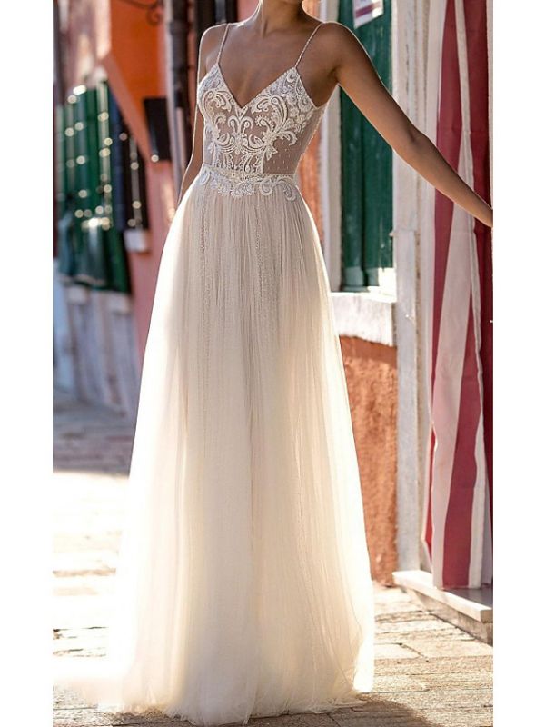 Sexy Spaghetti Strap V Neck Sheath Wedding Dresses | Applique Sequin Bridal Gown