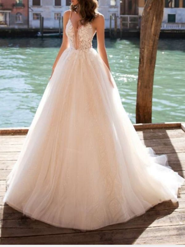 Applique Spaghetti Strap A Line Wedding Dresses | Backless Tulle Wedding Gown