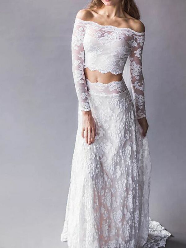 Two Piece Long Sleeve A Line Wedding Dresses | Lace Bridal Gown