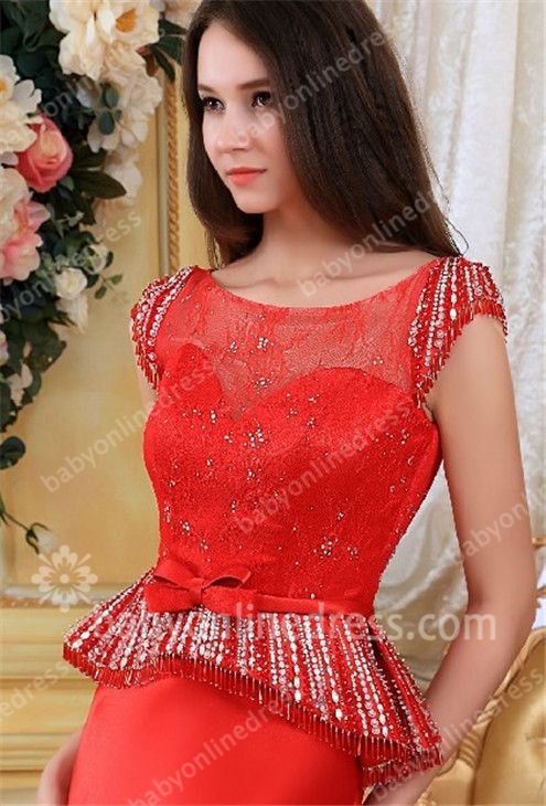 2021 Red Evening Dresses Scoop Tassel Sequined Beading Zipper Mermaid Satin Elegant Evening Gowns