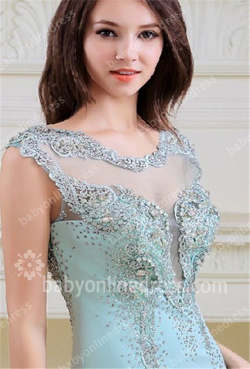 2021 Luxurious Evening Dresses Scoop Sequined Beading Appliques Crystal A Line Chiffon Blue Evening Gowns