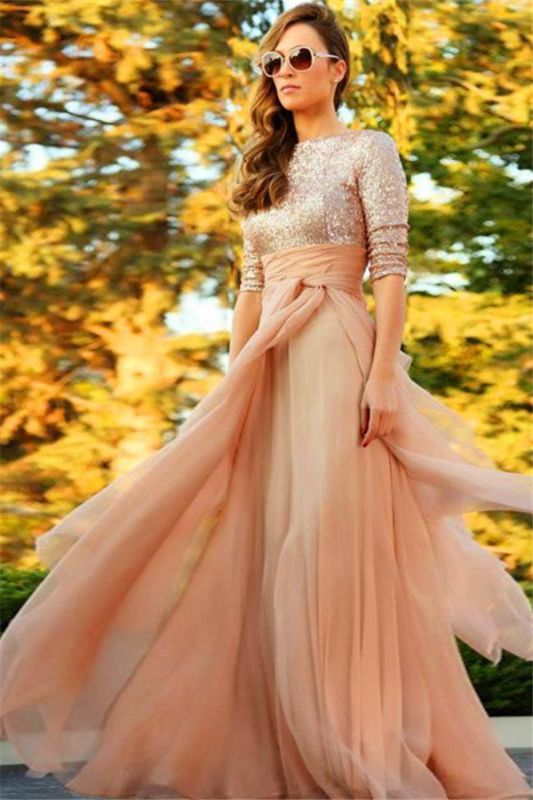 Sequins Tulle Long Evening Gowns Muslim Arabic Women Dress With Half Sleeves Prom Dresses