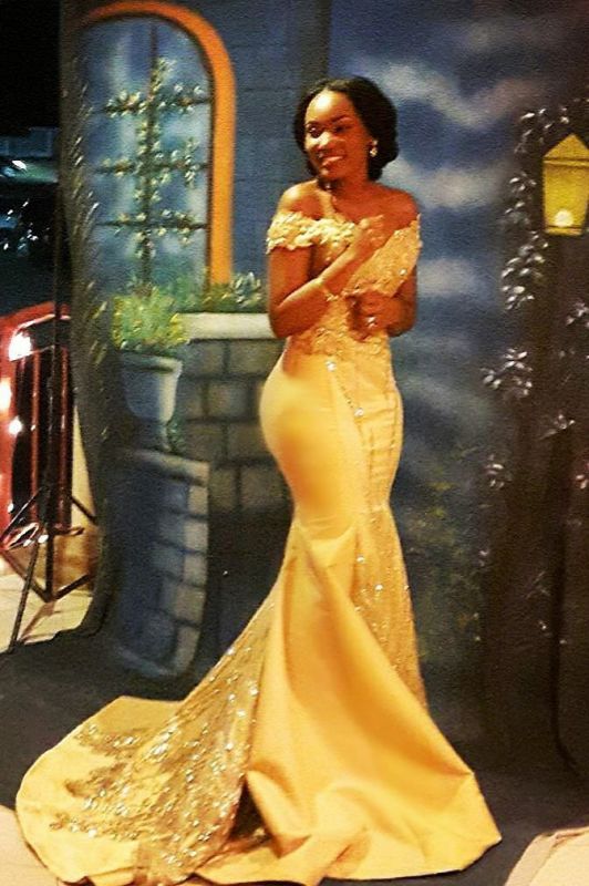 off-the-shoulder Mermaid Prom Dresses | Sexy Yellow Sequins Evening Gown