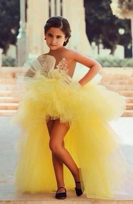 Yellow Hi-lo Girl's Pageant Dresses Tiers Tulle Sheer Flower Applique Girl Formal Dresses