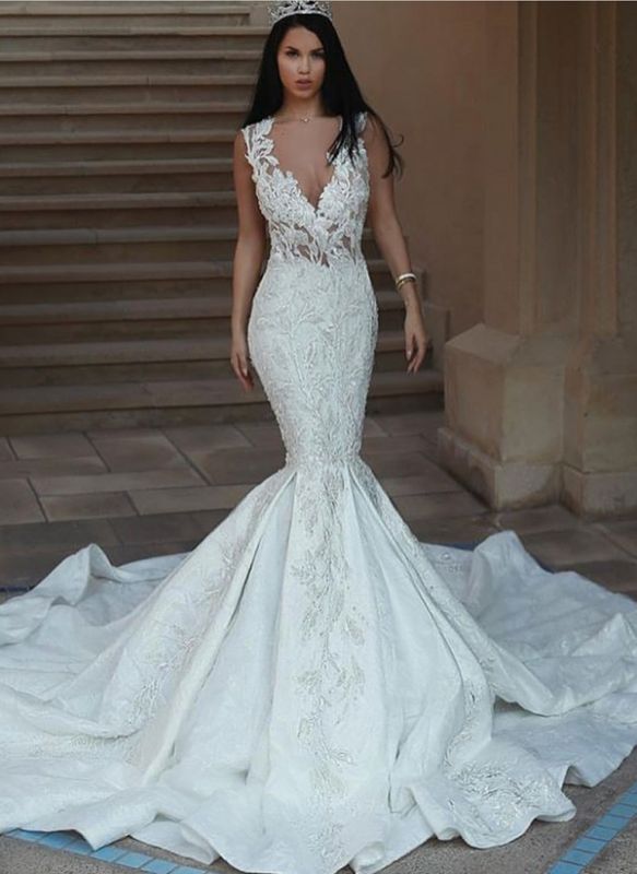 Sexy V-Neck Mermaid Wedding Dresses | Lace Appliques Open Back Bridal Gowns