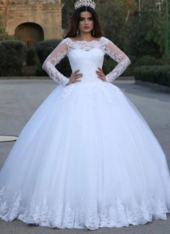 Elegant White Ball Gown Wedding Dresses | Scoop Neckline Long Sleeves Bridal Gowns