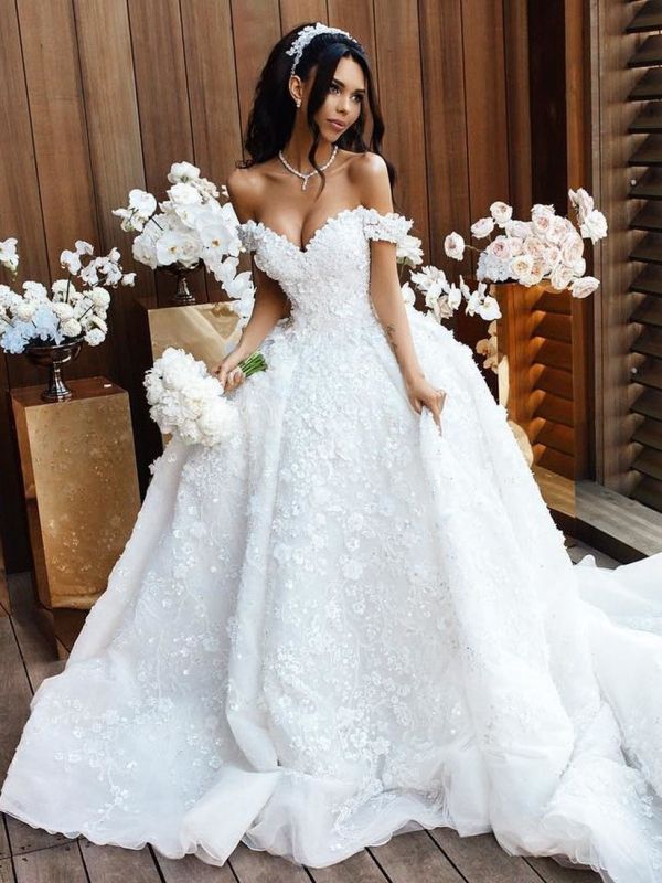 Luxury Floral Ball Gown Wedding Dresses | Off The Shoulder Over Skirt Long Bridal Gowns