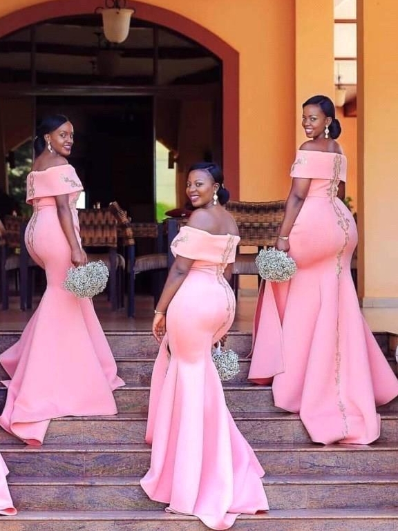 Pink Off-The-Shoulder Mermaid Bridesmaid Dresses | Sexy Appliques Side-Slit Long Maid Of The Honor Dresses