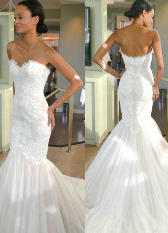 Tulle Sleeves Strapless Lace Mermaid Wedding Dresses with Sweep train