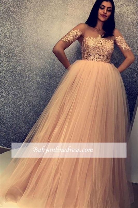 Charming Scoop Short Sleeves Tulle Prom Gowns | Beaded A-Line Evening Dresses