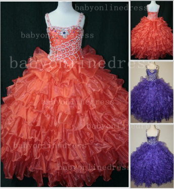 Hot Sale Formal Gowns For Teens High Glitz Straps Beaded Layered Girls Pageant Dresses On Sale LR892