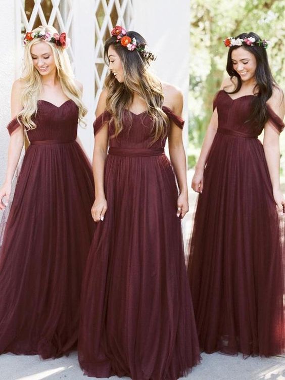 Cheap Off The Shoulder A-Line Bridesmaid Dresses | Burgundy Tulle Long Wedding Party Dress