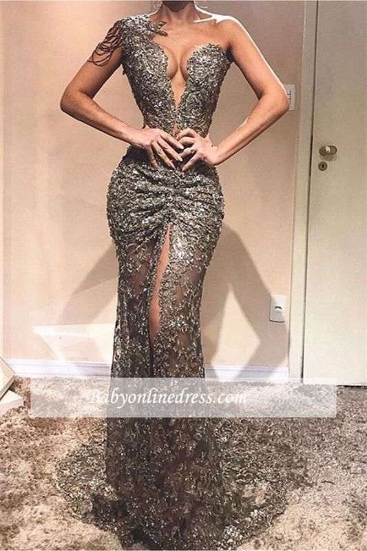 Sexy Sleeveless Front Slit Mermaid Evening Dresses | Lace Appliques One-Shoulder Prom Dresses BC0568