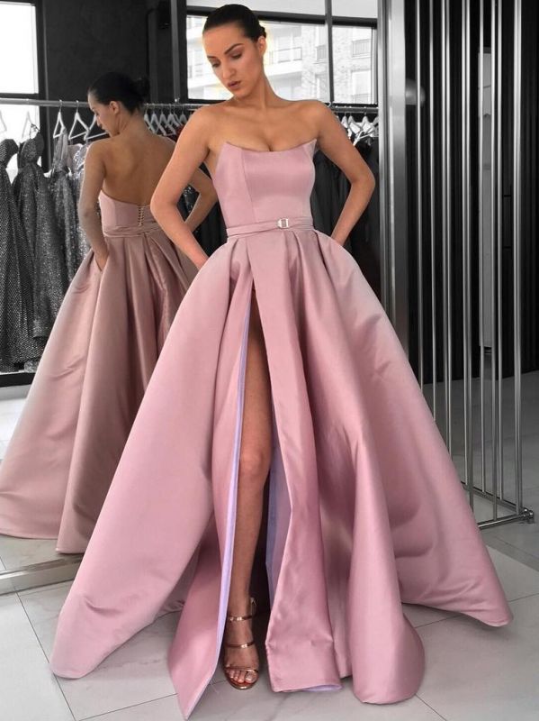 Elegant Pink A-Line Evening Dresses | Strapless Sleeveless Slit Long Prom Dresses