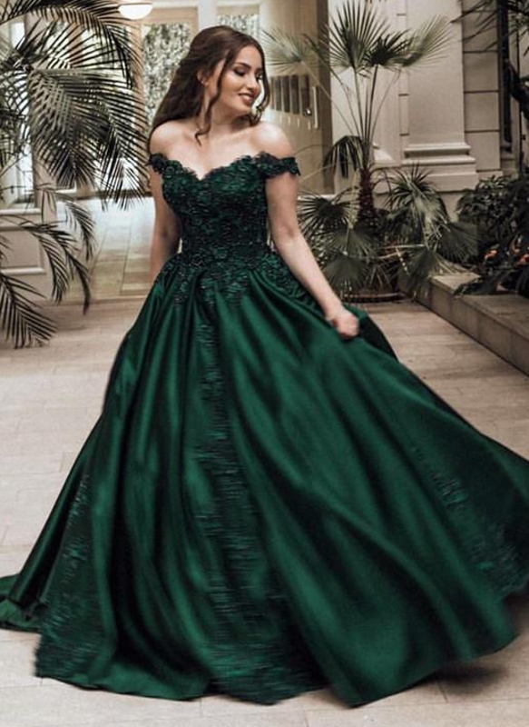 Elegant Dark Green Puffy Prom Dresses | Off-The-Shoulder Ball Gown Quinceanera Dresses BC0737