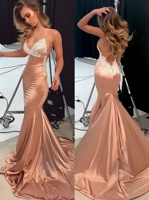 Sparkly Lace Appliques Mermaid Evening Dresses | Spaghetti Straps Sexy Long Prom Dresses BA8287