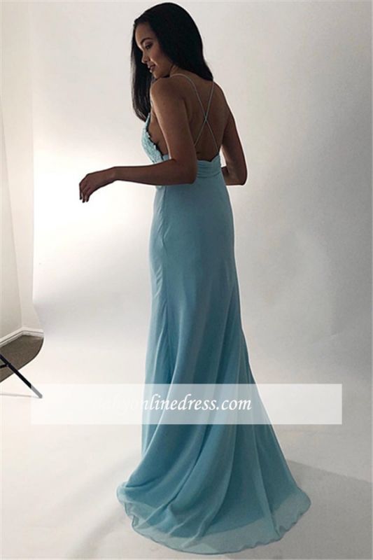 Glamorous Sweep-Train Sheath Evening Dresses | Spaghetti-Straps Appliques 2021 Formal Gowns