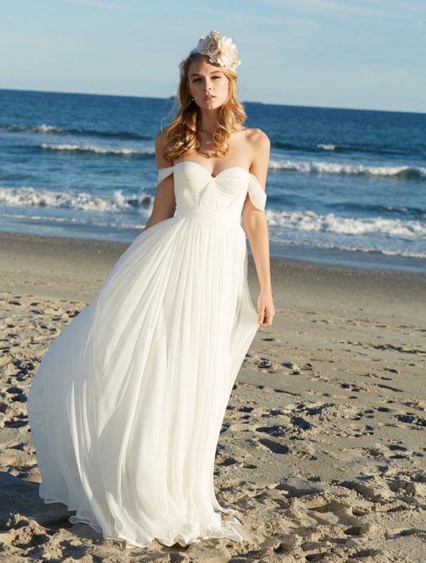Sexy Long Chiffon Summer Beach Wedding Dresses Sheath off-the-shoulder Sweetheart