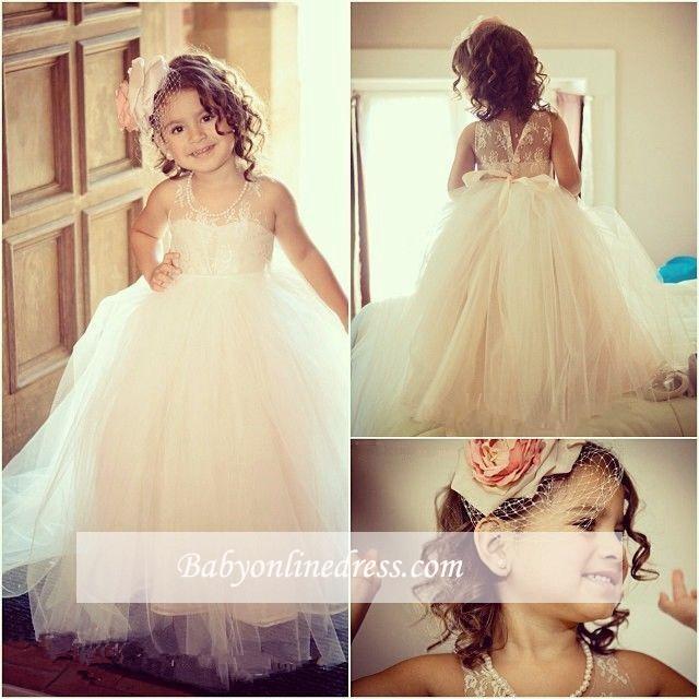 Romantic A-line Jewel Lace Sleeveless Long Tulle Flower Girl Dress with Bow BA5043