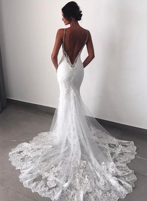 Sexy Backless Mermaid Wedding Dresses | Spaghetti Straps Beading Bridal Gowns