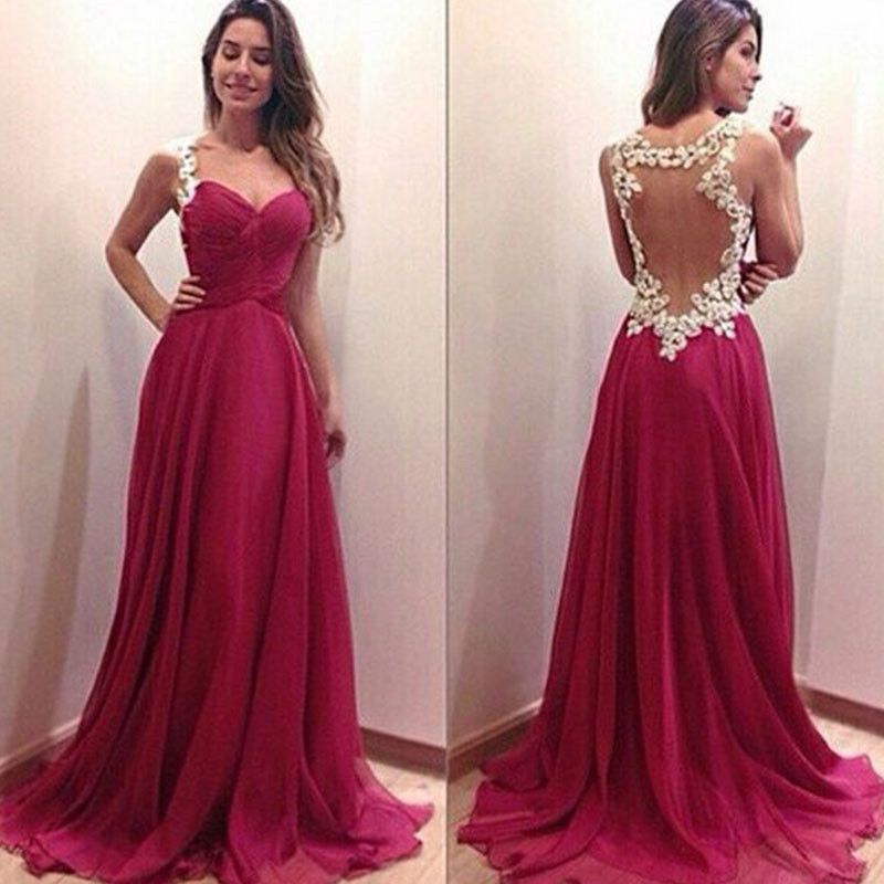 2021 Prom Dresses Sweetheart Lace Fuchsia Chiffon Sheer Back Sweep Train A-line Evening Gowns