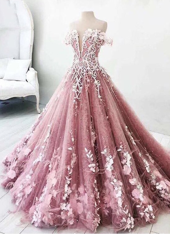 Fairytale Pink Floral Puffy Prom Dresses | Off-The-Shoulder Lace Appliques Ball Gown Quinceanera Dresses