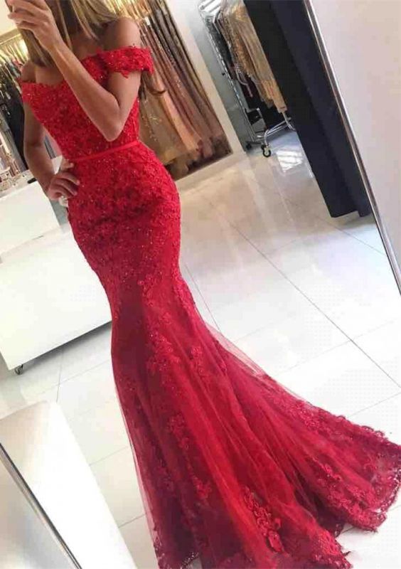 Glamorous Red Lace Mermaid Appliques Off-the-shoulder Evening Dress