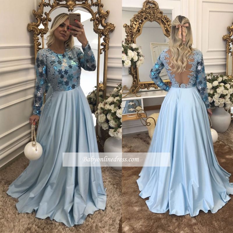 Scoop Lace Long-Sleeves Blue A-Line Beaded Evening Dress