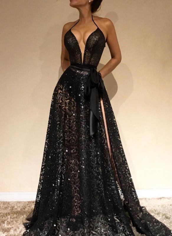 Sexy Black Sheer Evening Gowns | Halter Neck Slit Prom Dresses with Sash