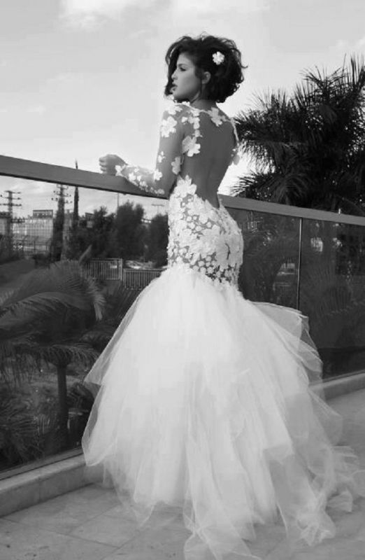 Backless Lace Mermaid Beach Wedding Dresses | Long Sleeves Tulle Train Wedding Gowns