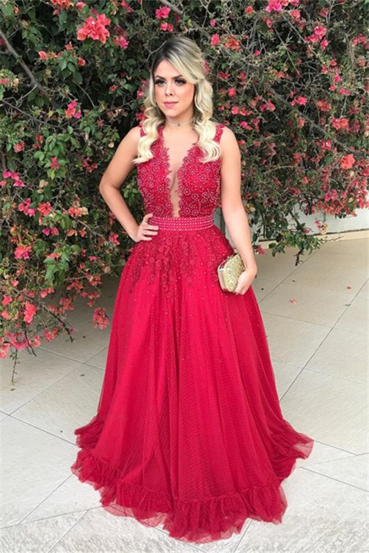 Gorgeous Red Tulle Prom Dresses V-Neck A-line Evening Dresses