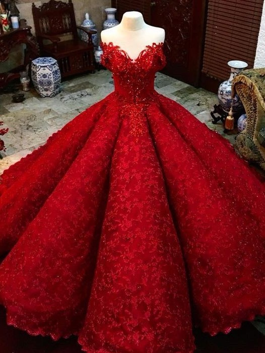 Luxury Burgundy Lace A-Line Quinceanera Dresses | Off-The-Shoulder Beaded Long Prom Dresses