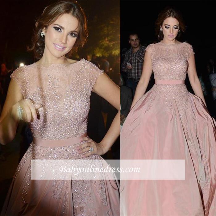 Charming Pink Cap-Sleeve Prom Dress 2021 Designer Diamonds Evening Dress