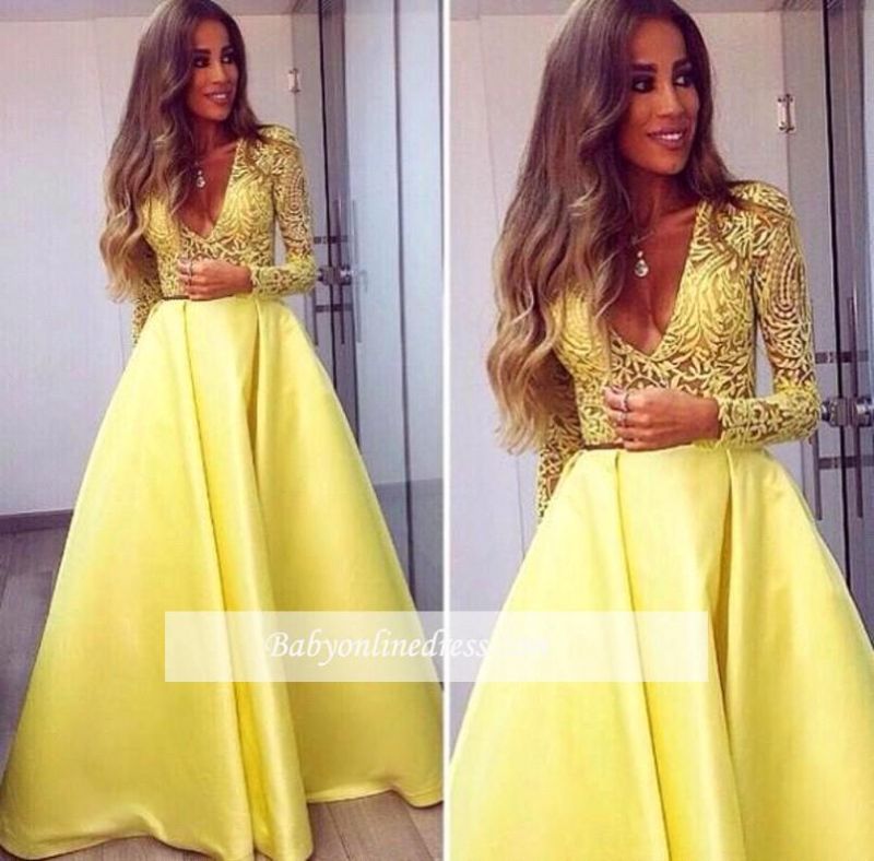V-neck Lace Gorgeous Sleeves Satin Long Yellow Prom Dresses